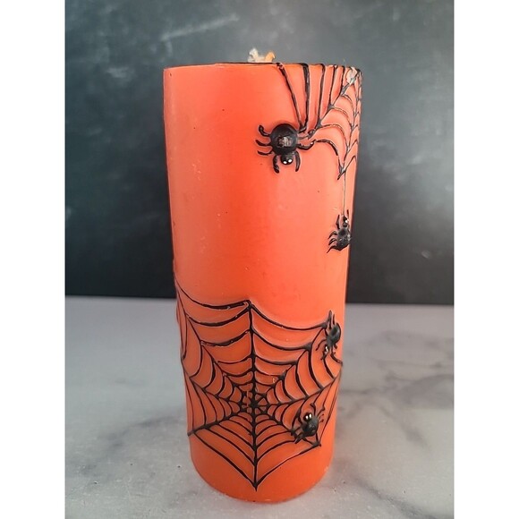Happy Halloween Spider Black And Orange Pillar Candle - Picture 6 of 11